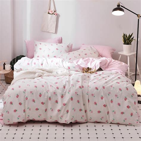 Cute Strawberry Duvet Cover Set 100 Cotton Bedding Sets Pink Bed Sheet