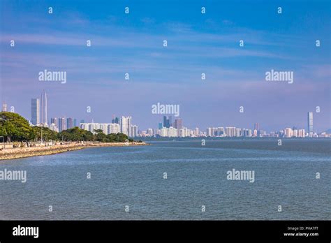 Skyline of Shenzhen city from the Shenzhen bay park, the first Special ...