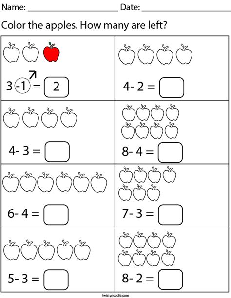 Subtracting Apples Math Worksheet Twisty Noodle Worksheets Library