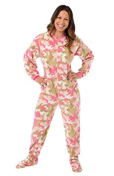 Pink Camouflage Fleece Womens Footed Onesie Pajamas With Drop Seat At