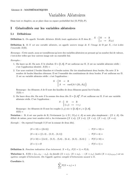 Variables Al Atoires Licence Math Ematiques Universit E