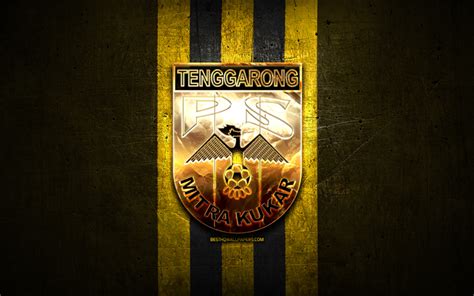 Download wallpapers Mitra Kukar FC, golden logo, Indonesia Liga 1, yellow metal background ...