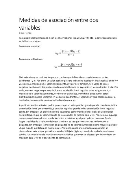 Medidas De Asociación Entre Dos Variables Medidas De Asociación Entre Dos Variables Covarianza