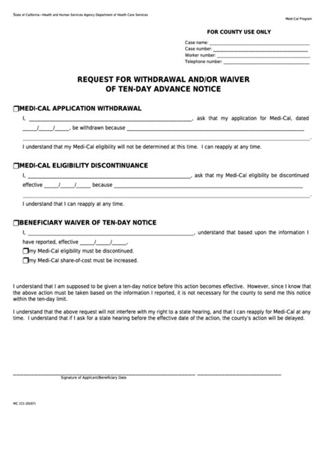 Fillable Form Mc Request For Withdrawal And Or Waiver Of Ten Day