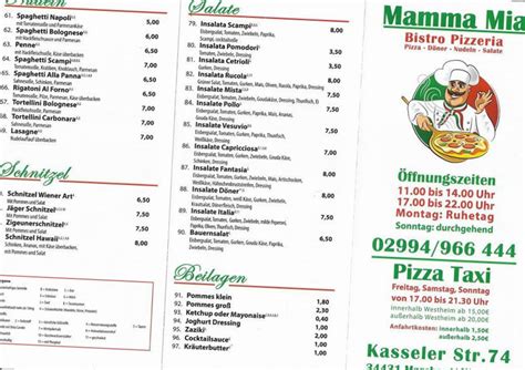 Bistro Pizzeria Mamma Mia Aus Marsberg Speisekarte