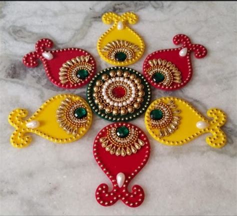 Round Red And Yellow Acrylic Rangoli Design For Decoration Size