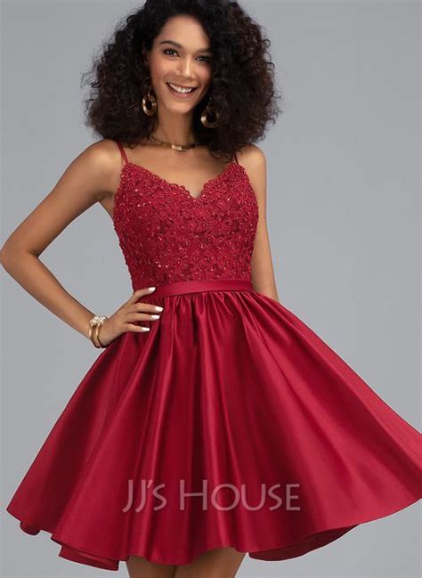 [us 194] A Line V Neck Short Lace Satin Homecoming Dress With Beading