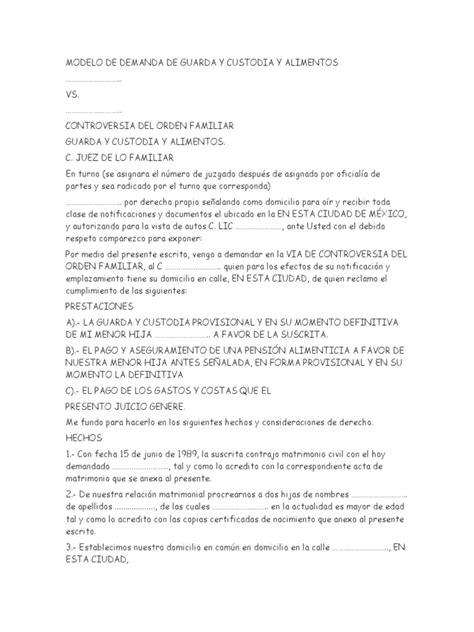 Modelo De Demanda De Guarda Y Custodia Y Alimentos Pdf Manutención De Los Hijos Demanda