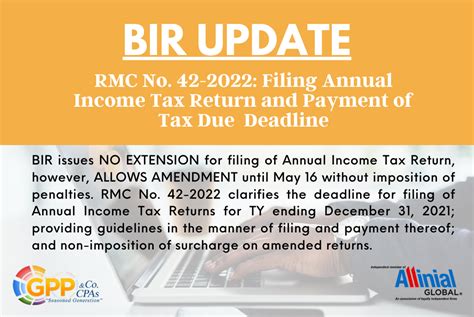 RMC No 42 2022 Filing Annual Income Tax Return And Payment Of Tax Due