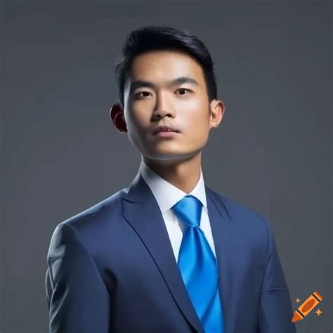 Stylish Asian Man In White Shirt Blue Jacket And Blue Tie On Craiyon