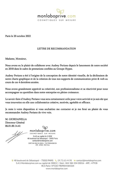 Audrey Periano I Lettre De Recommandation