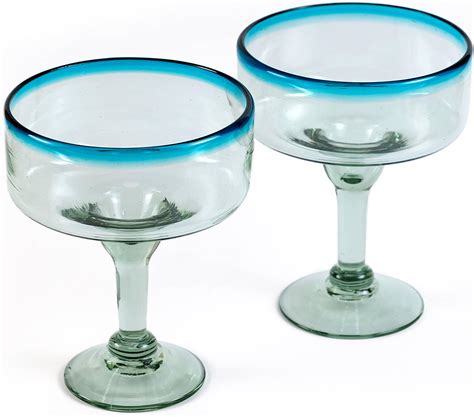 Handmade Con Amor 16 Oz Hand Blown Mexican Margarita Glasses Set Of 2 Aqua Rim