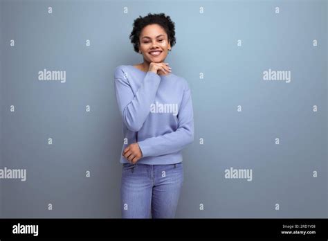 Charming Smiling S Brunette Woman With Afro Curls Showing Joy Stock