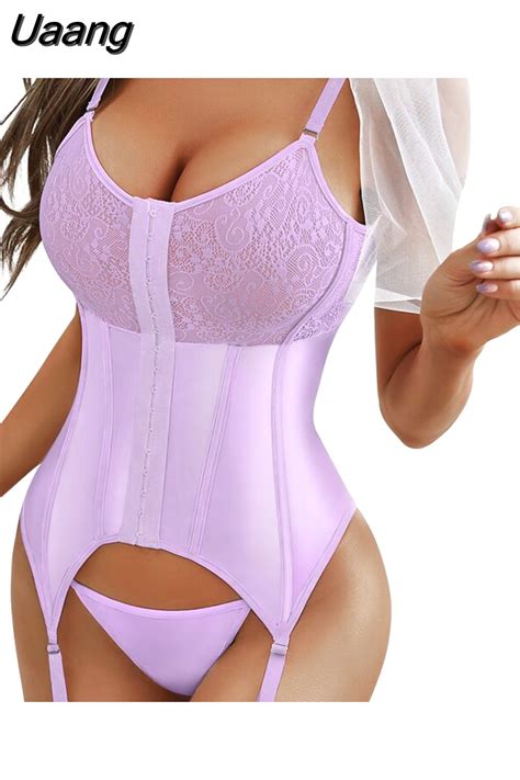 Uaang Sexy Corset Lingerie Bustier Women Strappy Bodysuit Lace Push Up