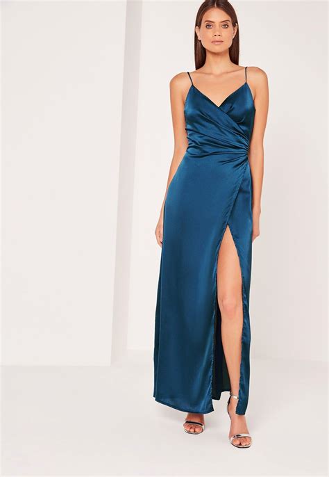 Missguided Silky Wrap Over Maxi Dress Blue Maxi Dress Dresses