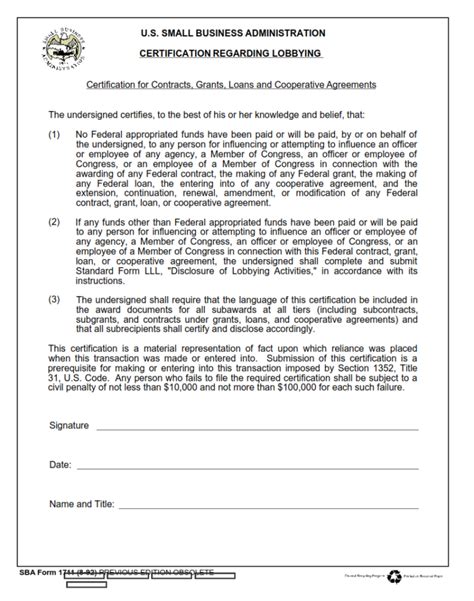 Sba Form Certification Regarding Lobbying Origin Form Studio