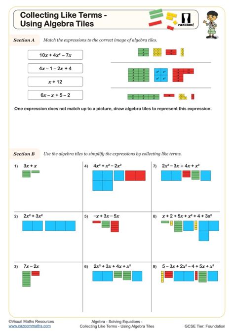 Collecting Like Terms Using Algebra Tiles Worksheet Printable Pdf