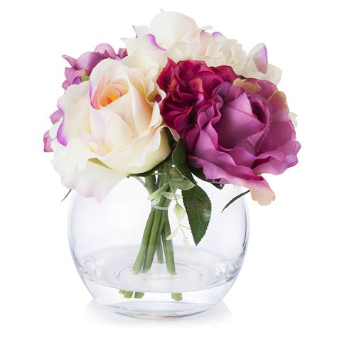 Enova Home Artificial Flowers Mixed Silk Roses And Hydrangea Fake Flowers Arrangement In Round