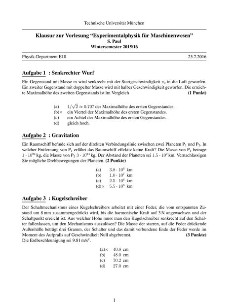 Physik Klausur Wintersemester I Technische Universit At