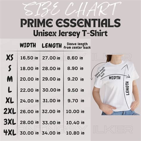 Prime Essantials Size Chart Size Chart For Unisex Jersey T Shirt Prime Essantials Mockup And