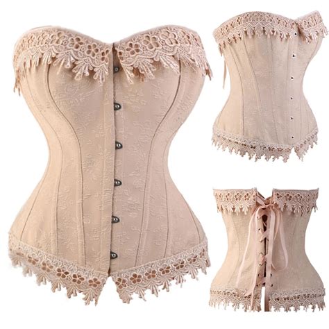 Hmf Sexy Lace Up Boned Burlesque Corset Tops Beige Lace Corset Busiter