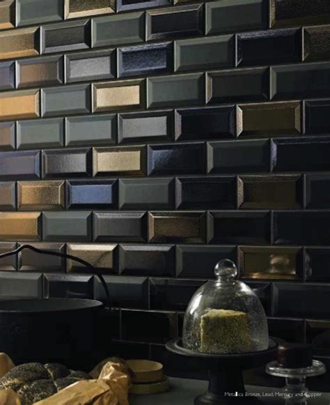 Beveled Subway Tile In Dark And Metallic Glazes Is Fabulous Kitchen