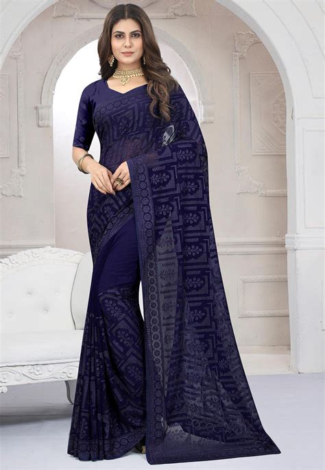 Buy Embroidered Georgette Saree In Navy Blue Online Scba4541 Utsav Fashion