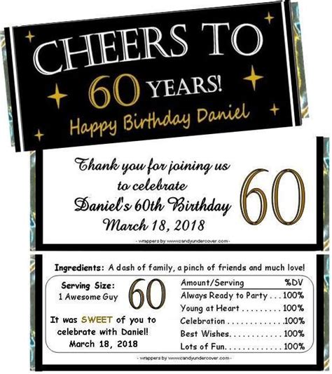 Cheers To 60 Years 60th Birthday Candy Bar Wrappers Or Digital File Set