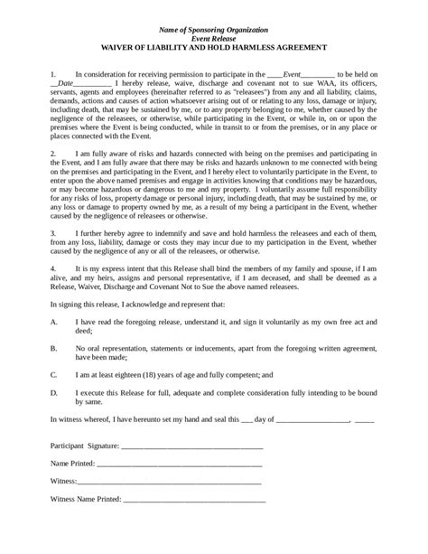 Waiver Of Liability And Hold Harmless Agreement Edit Fill Sign