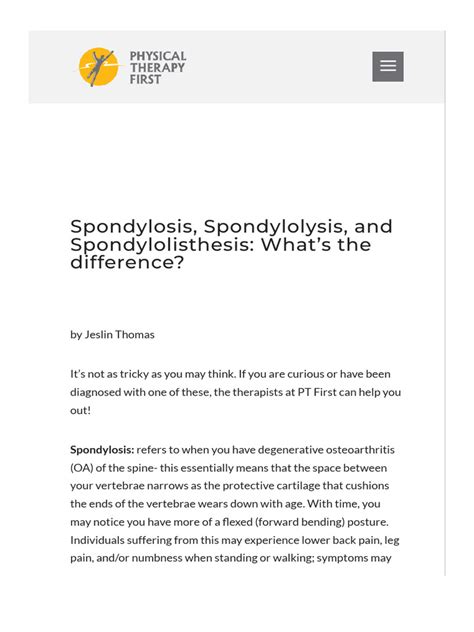 Spondylosis Vs Spondylolysis Vs Spondylolisthesis | PDF | Clinical ...