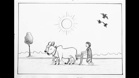 How To Draw A Man Ploughing Field Using Bulls Scenery Drawing With