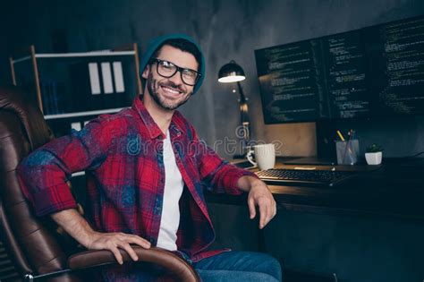 Photo Of Happy Smiling Freelancer Wear Hat Glasses Creating Block Chain