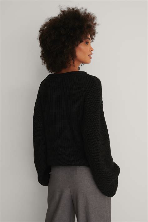 Cropped Boat Neck Knitted Sweater Black Na