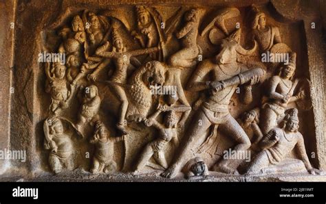 Mahishasuramardini Cave Interior Durga On Her Tiger Attacks The