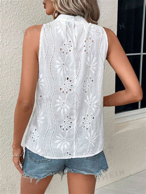 Shein Vcay Camisa Sin Manga Con Bordado Con Ojal De Espalda Con