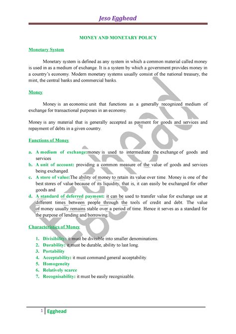 Note On Economics Lecture Notes 1 MONEY AND MONETARY POLICY