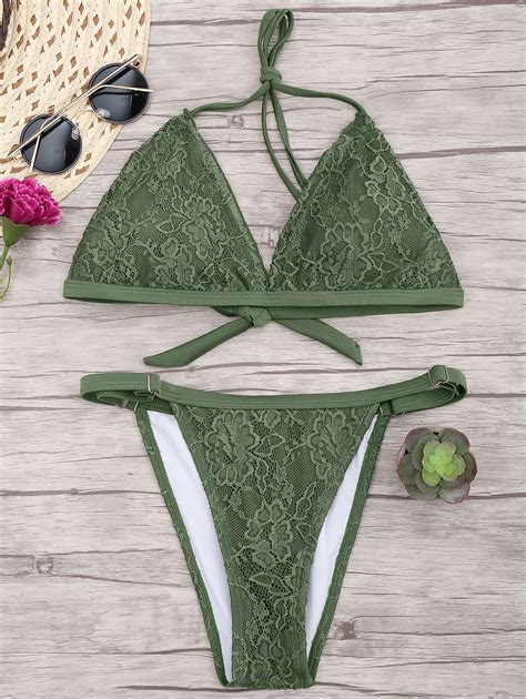 Lace Overlay V String Bikini Set In ARMY GREEN ZAFUL 2024