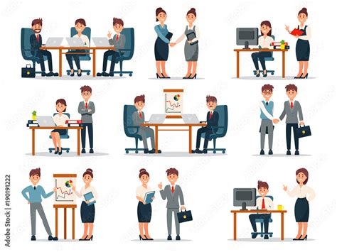 Business people characters at work set, male and female workers at workplace in office cartoon ...