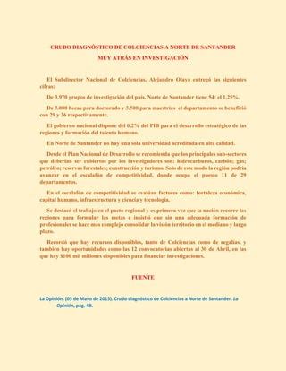 Crudo Diagn Stico De Colciencias A Norte De Santander Pdf