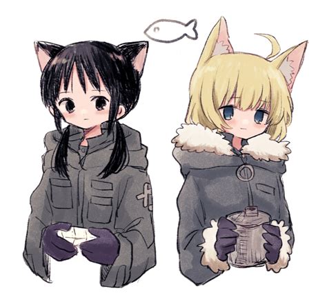 Safebooru 2girls Ahoge Animal Ears Bangs Black Eyes Black Hair Blonde