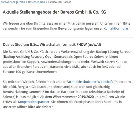 Bareos GmbH Co KG Duales Bachelor Studium Wirtschaftsinformatik B