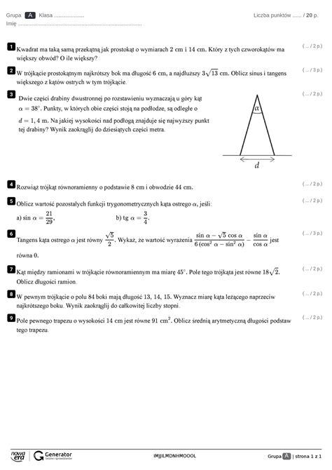 Trygonometria Klas Wka Poziom Atwiejszy Test Z Widoczn