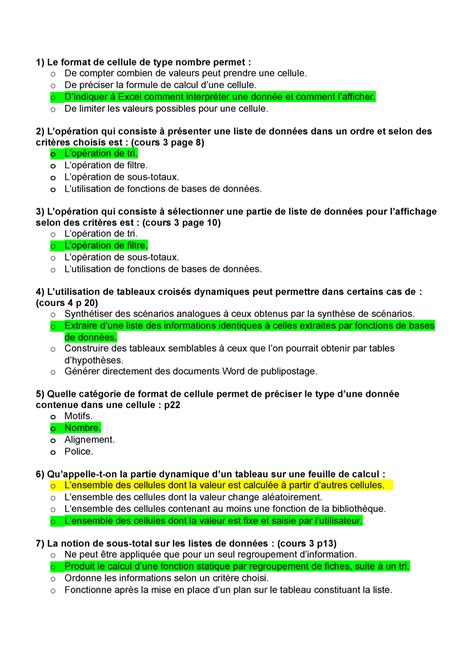 QCM Info Avec Reponse Notes De Cours 3 4 5 Le Format De Cellule De