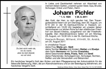 Traueranzeigen Von Johann Pichler Trauer Bz