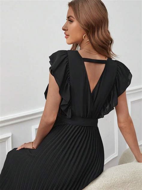 SHEIN Frenchy Surplice Neck Ruffle Trim Pleated Hem Belted Dress