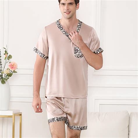 Mens Classic Short Pajama Set With Decor Edge Summer Silk Nightwear