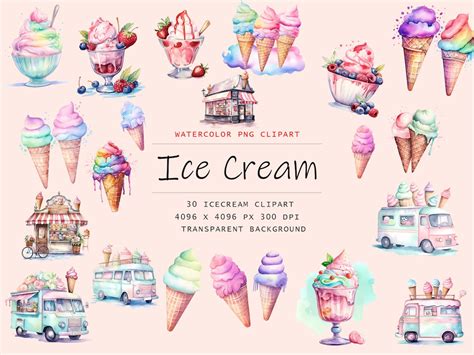 Watercolor Ice Cream Clipart Cones And Sundaes Ice Cream Truck Clip Art Png Graphics Instant