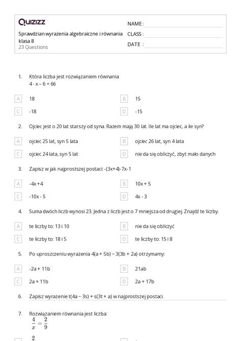 Ponad R Wnania Z Jedn Zmienn Arkuszy Roboczych Dla Klasa W