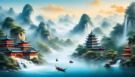 Beautiful Chinese Painting With Temple Background 3d Chinese Paintings