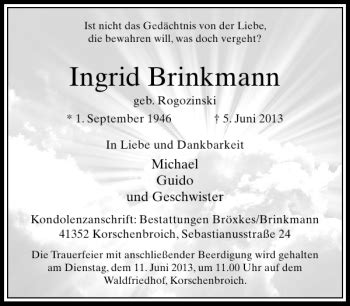 Alle Traueranzeigen F R Ingrid Brinkmann Trauer Rp Online De